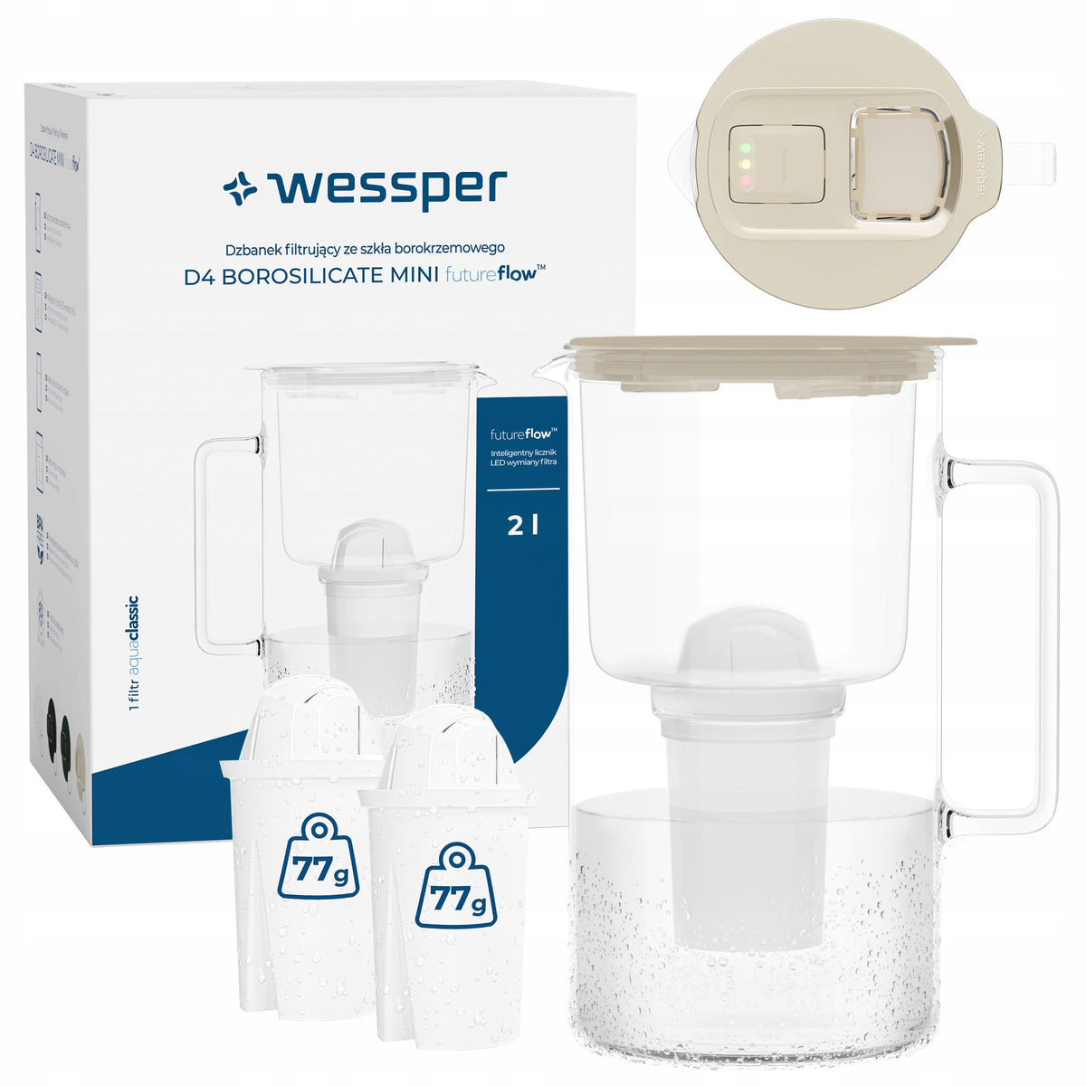 Glass filter jug Wessper D4 BOROSILICATE MINI 2l + 3x filter