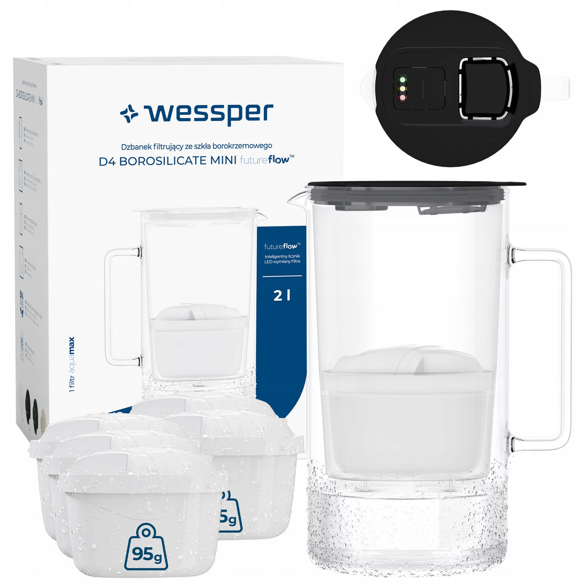 Glass filter jug Wessper D4 BOROSILICATE MINI 2l + 6x filter