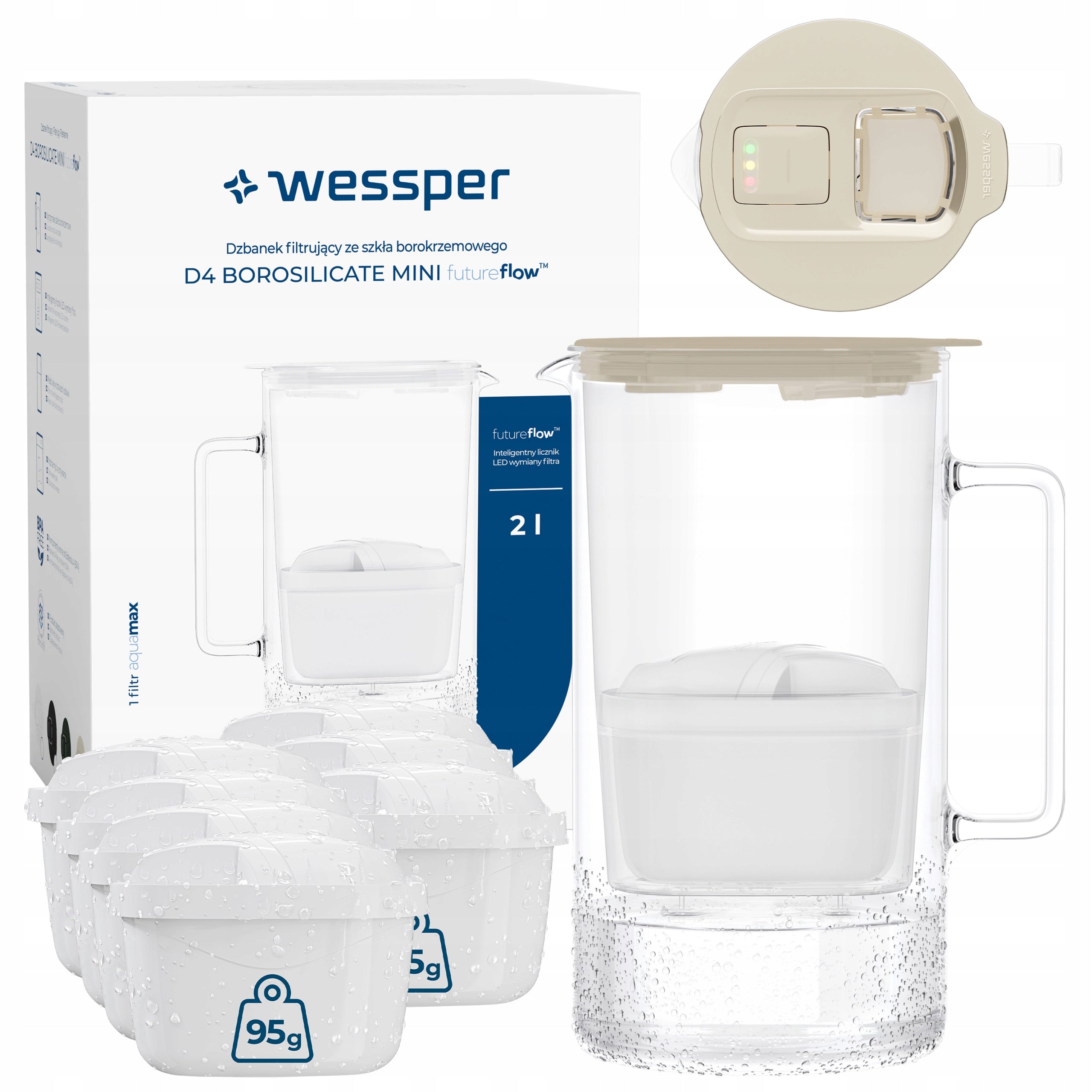 Glass filter jug Wessper D4 BOROSILICATE MINI 2l + 8x filter
