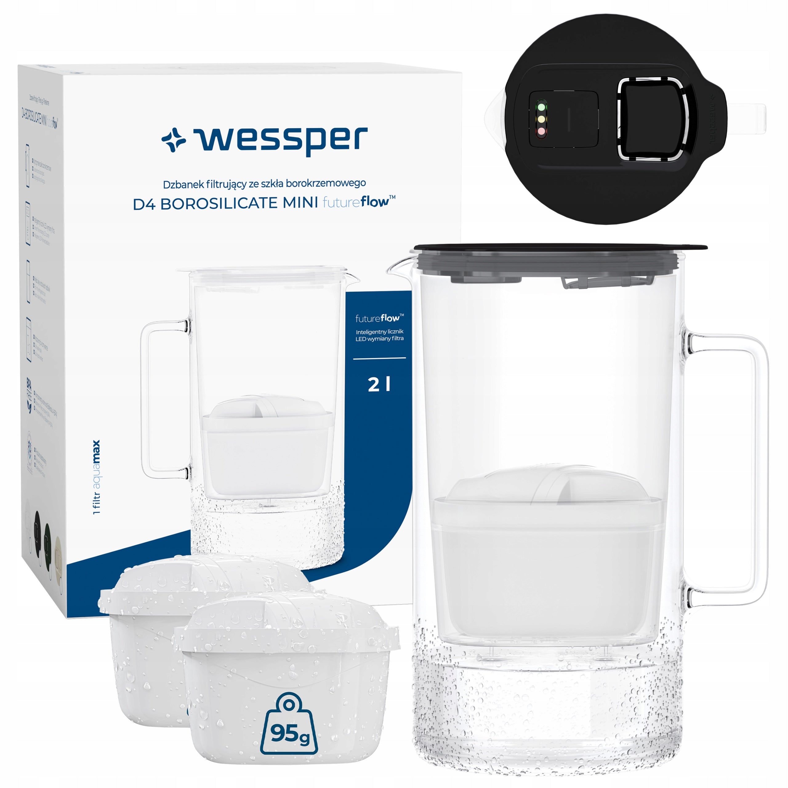 Glass filter jug Wessper D4 BOROSILICATE MINI + 3x filter cartridge
