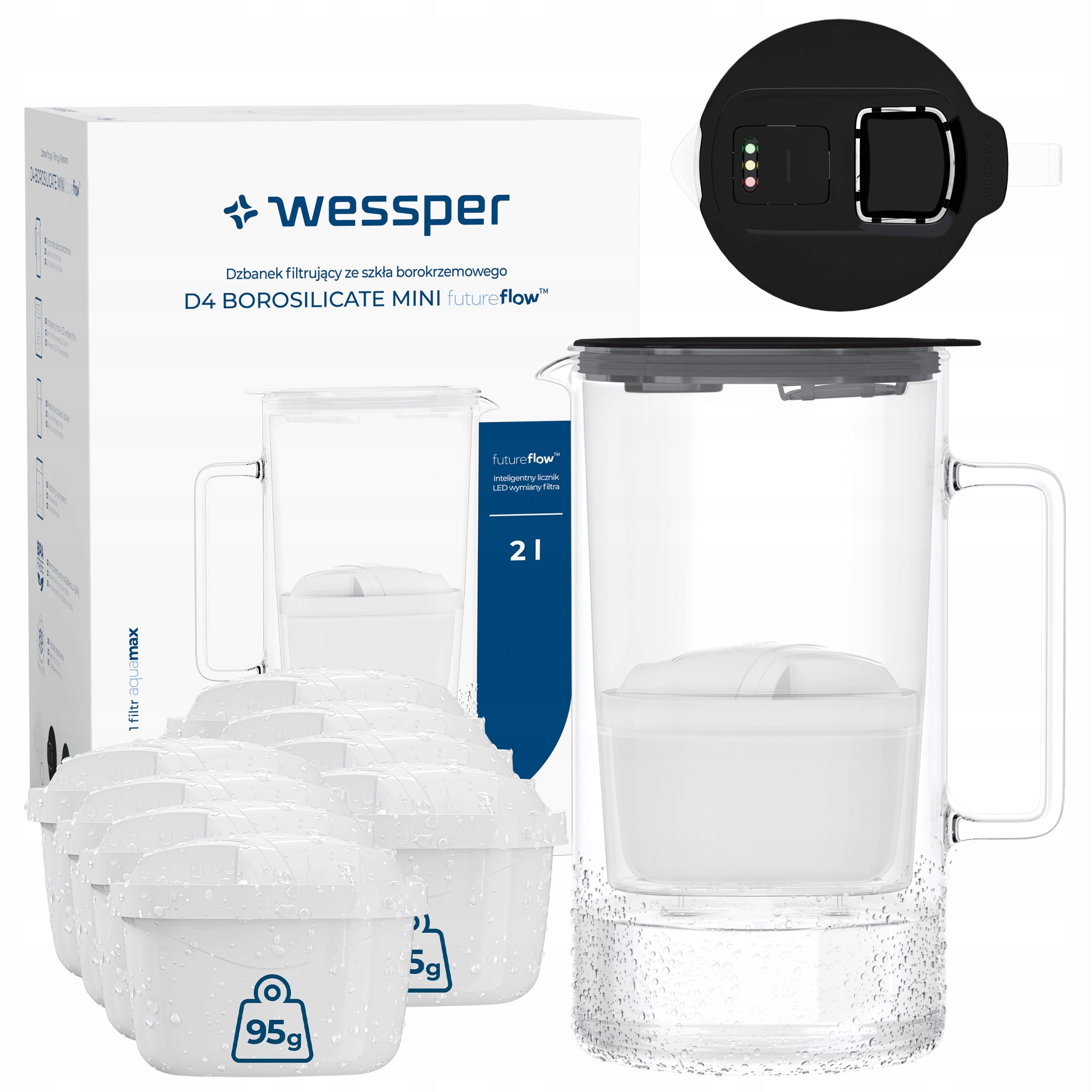 Glass filter jug Wessper D4 BOROSILICATE MINI + 9x filter cartridge