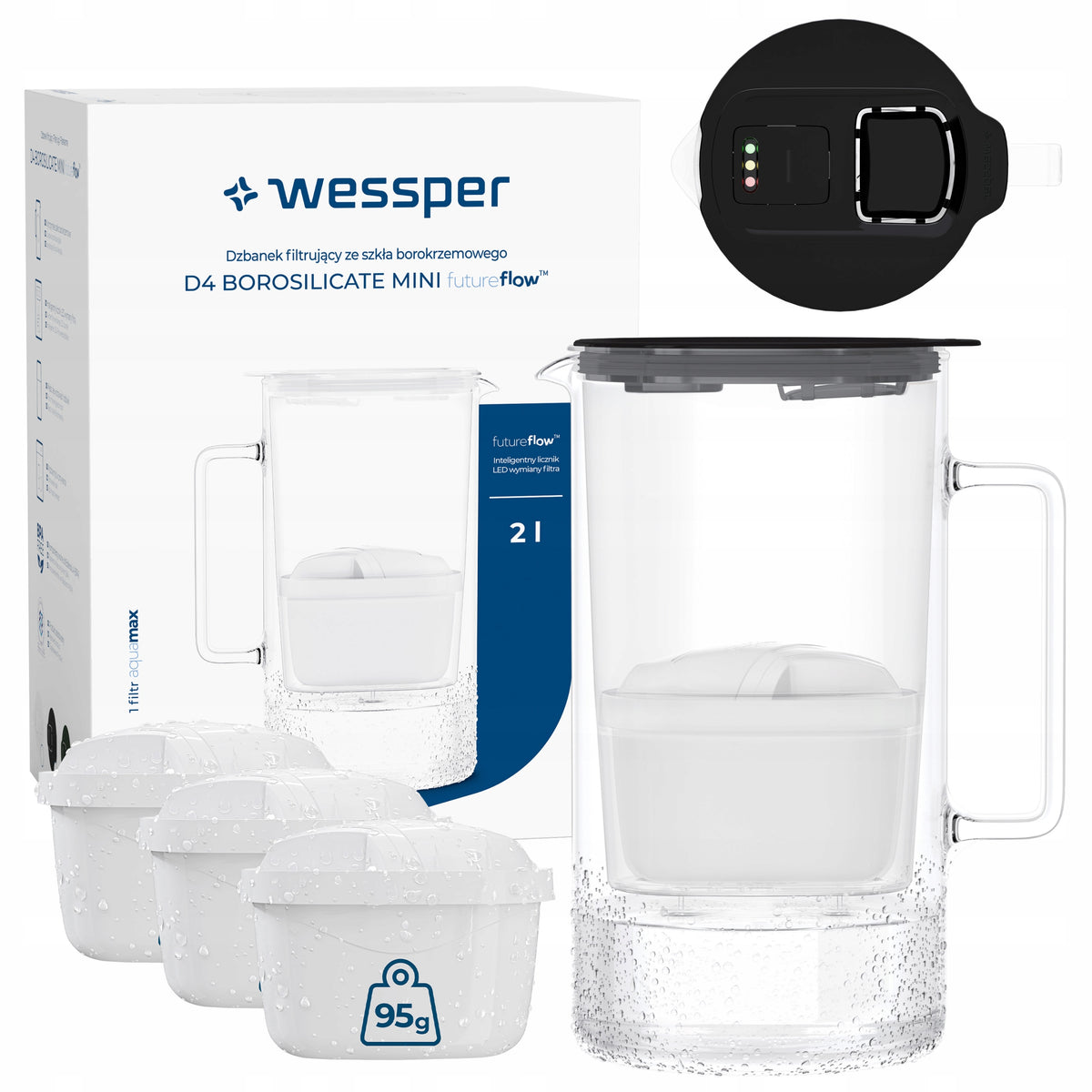 Glass filter jug Wessper D4 BOROSILICATE MINI FF 2l + 4x filter