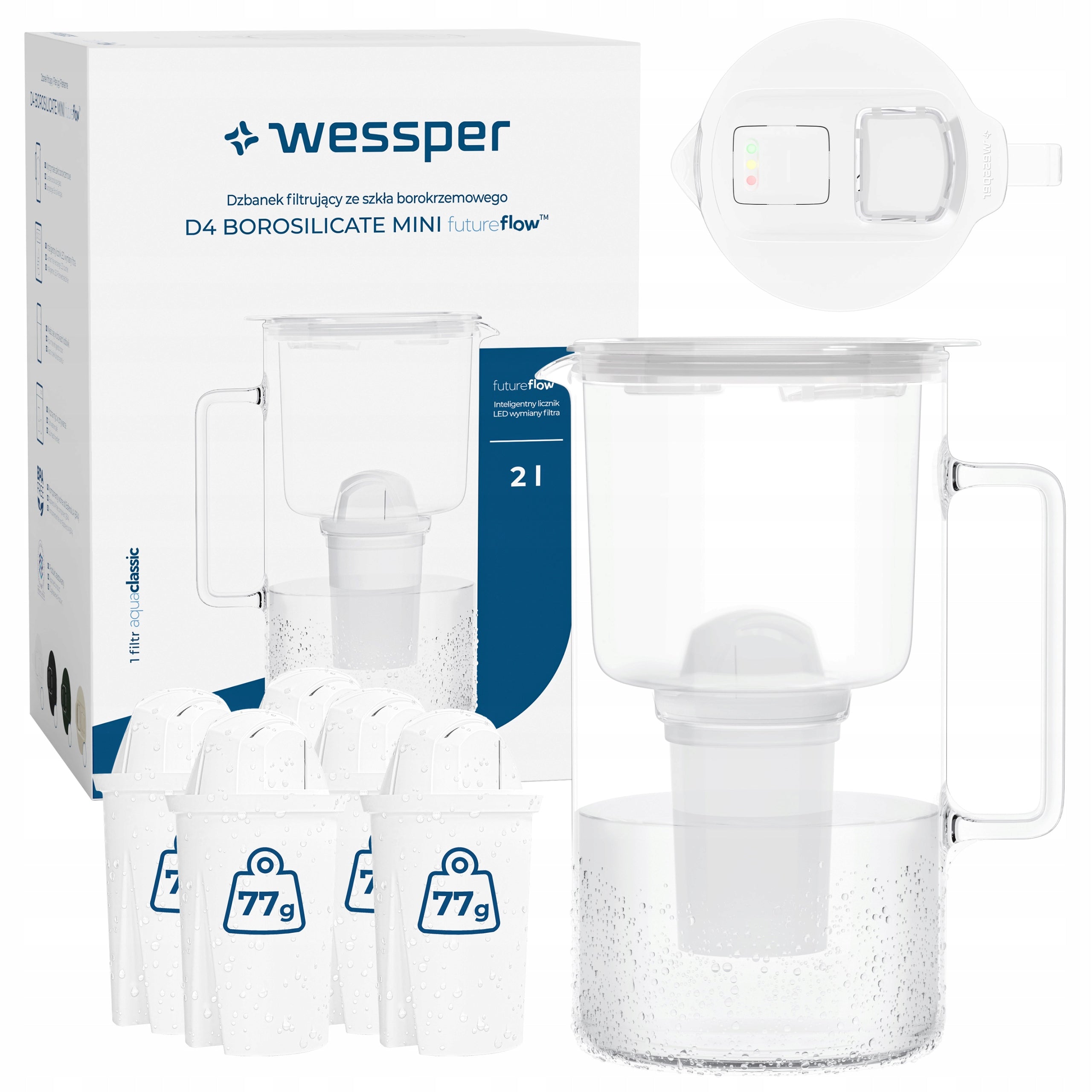 Glass filter jug Wessper D4 BOROSILICATE MINI FF 2l + 6x filter