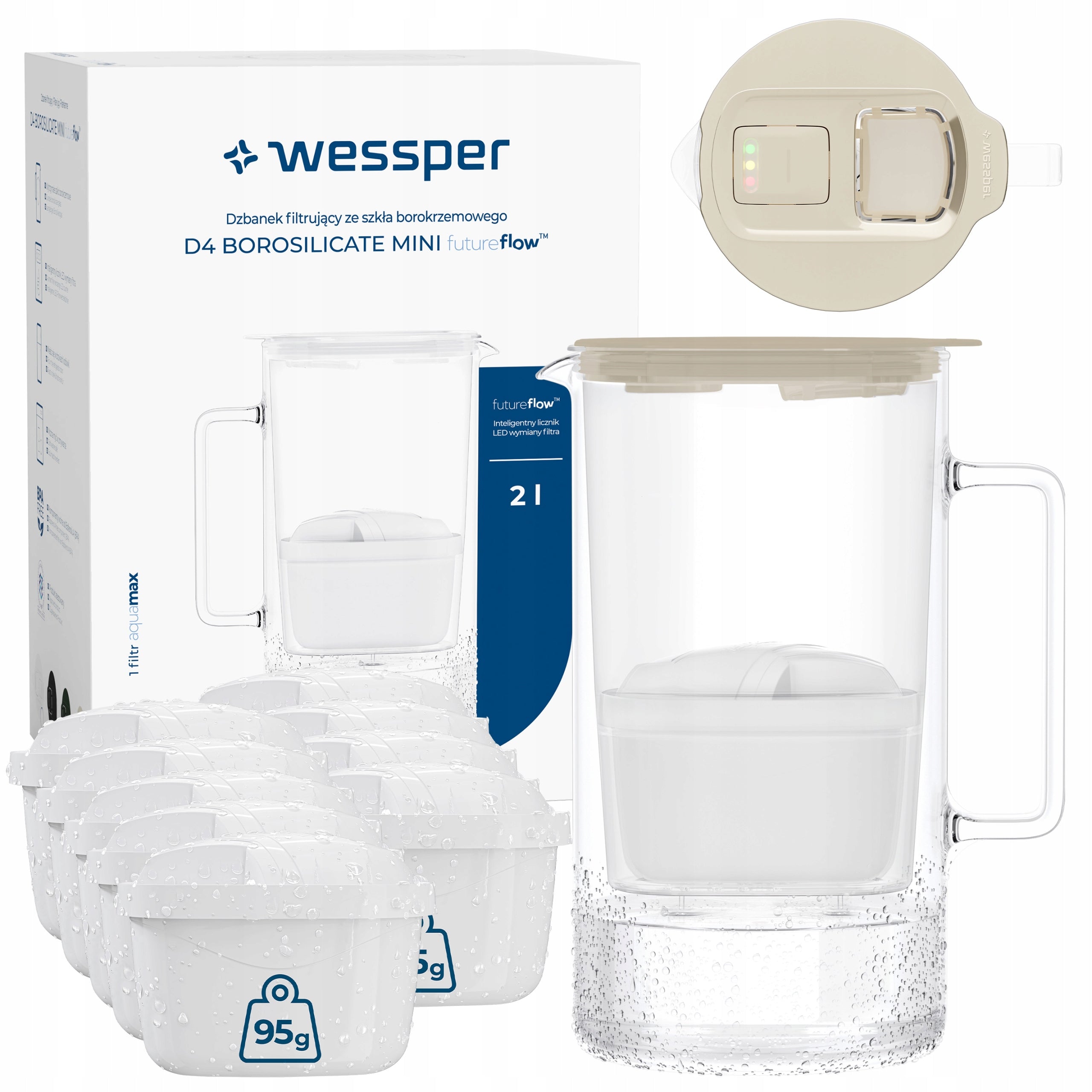 Glass filter jug Wessper D4 BOROSILICATE MINI counter + 10x filter