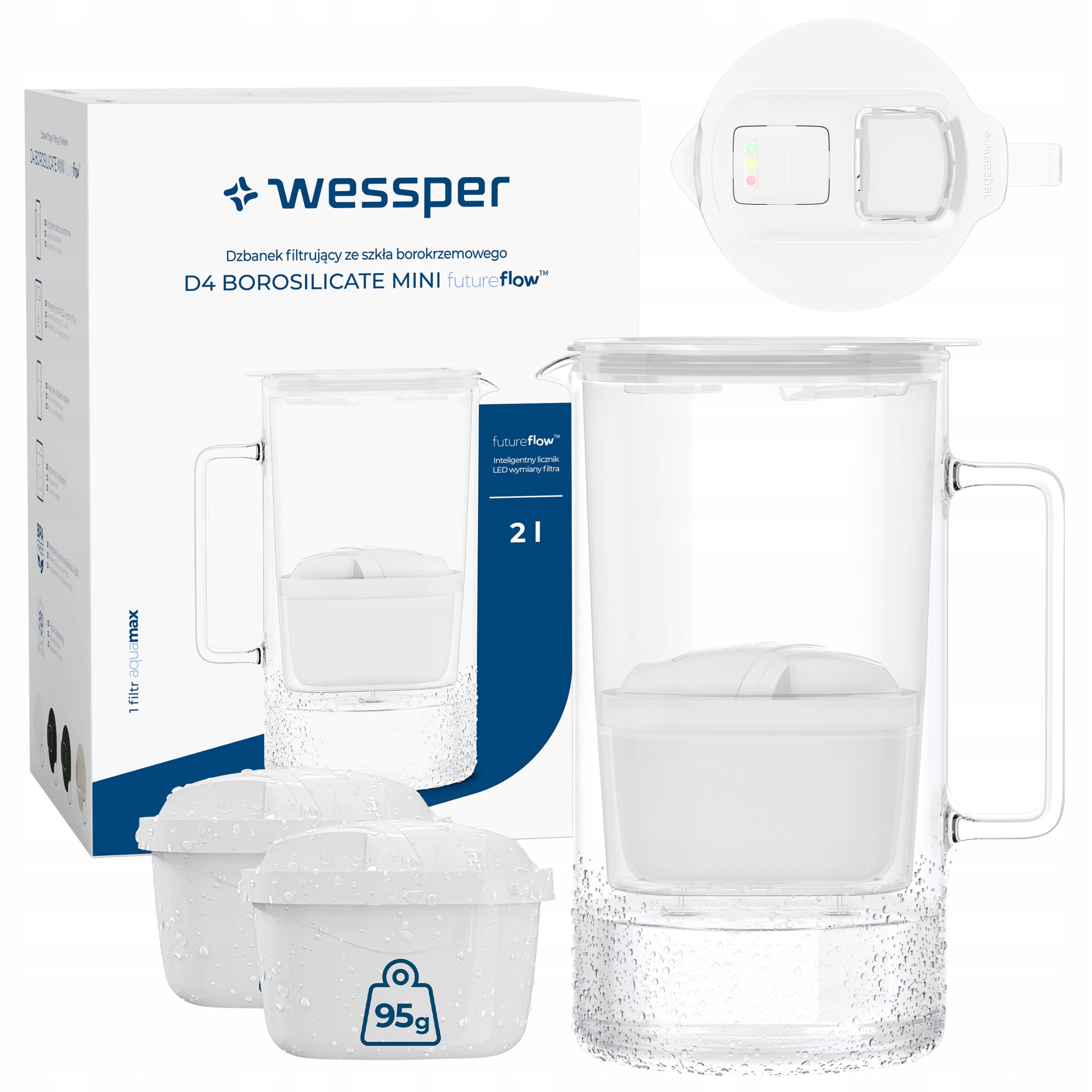 Glass filter jug Wessper D4 BOROSILICATE MINI counter + 3x filter