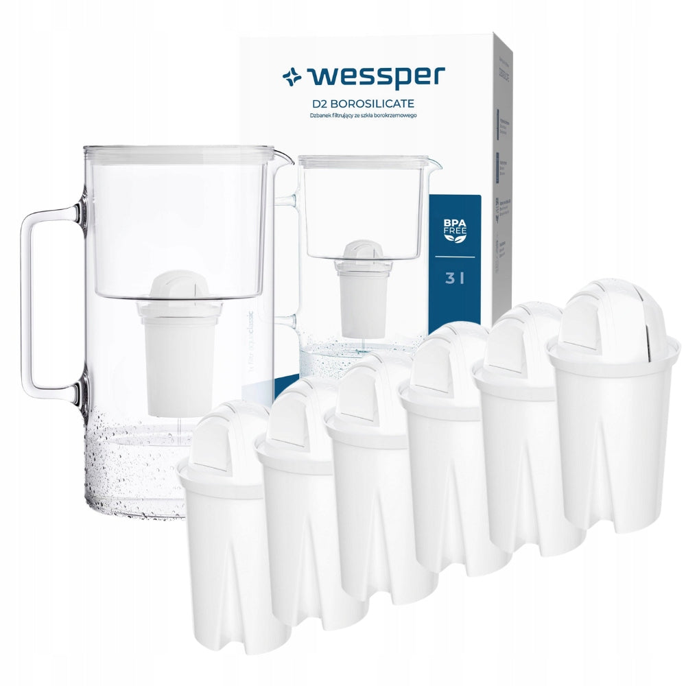 Glass jug 3l WESSPER D2 BOROSILICATE Aquaclassic White + 6x cartridge