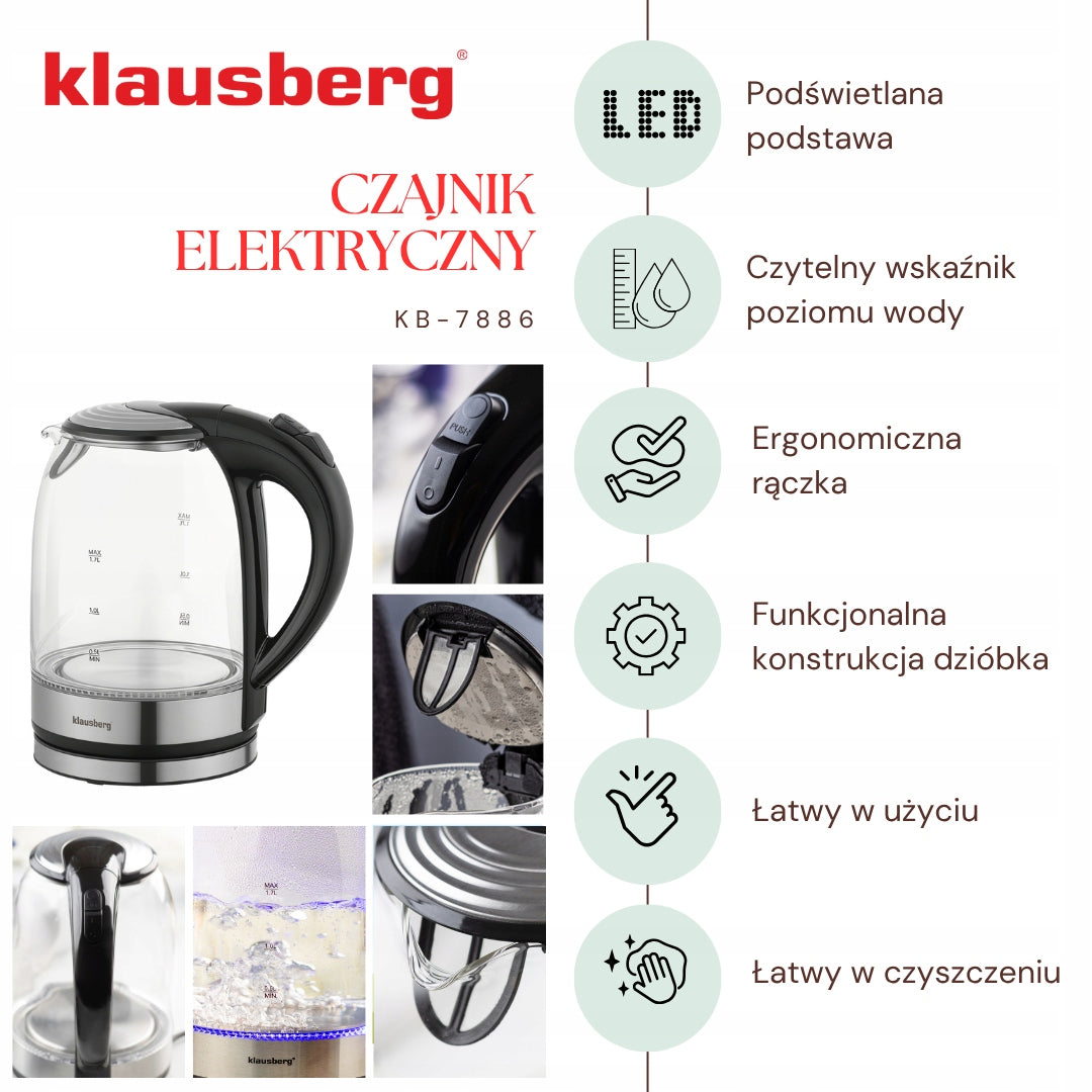 Glass kettle LED electric Klausberg KB-7886 1.7L 2200W inox filter Brand Klausberg