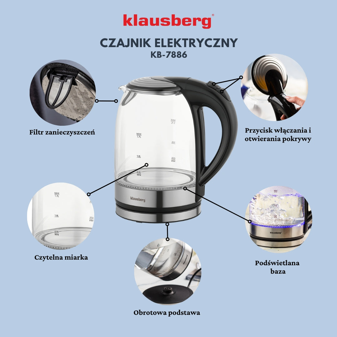 Glass kettle LED electric Klausberg KB-7886 1.7L 2200W inox filter Capacity 1.7 l