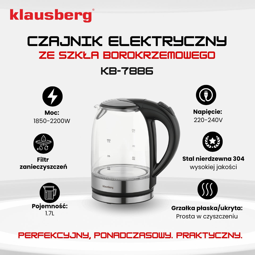 Glass kettle LED electric Klausberg KB-7886 1.7L 2200W inox filter Manufacturer code KB-7886