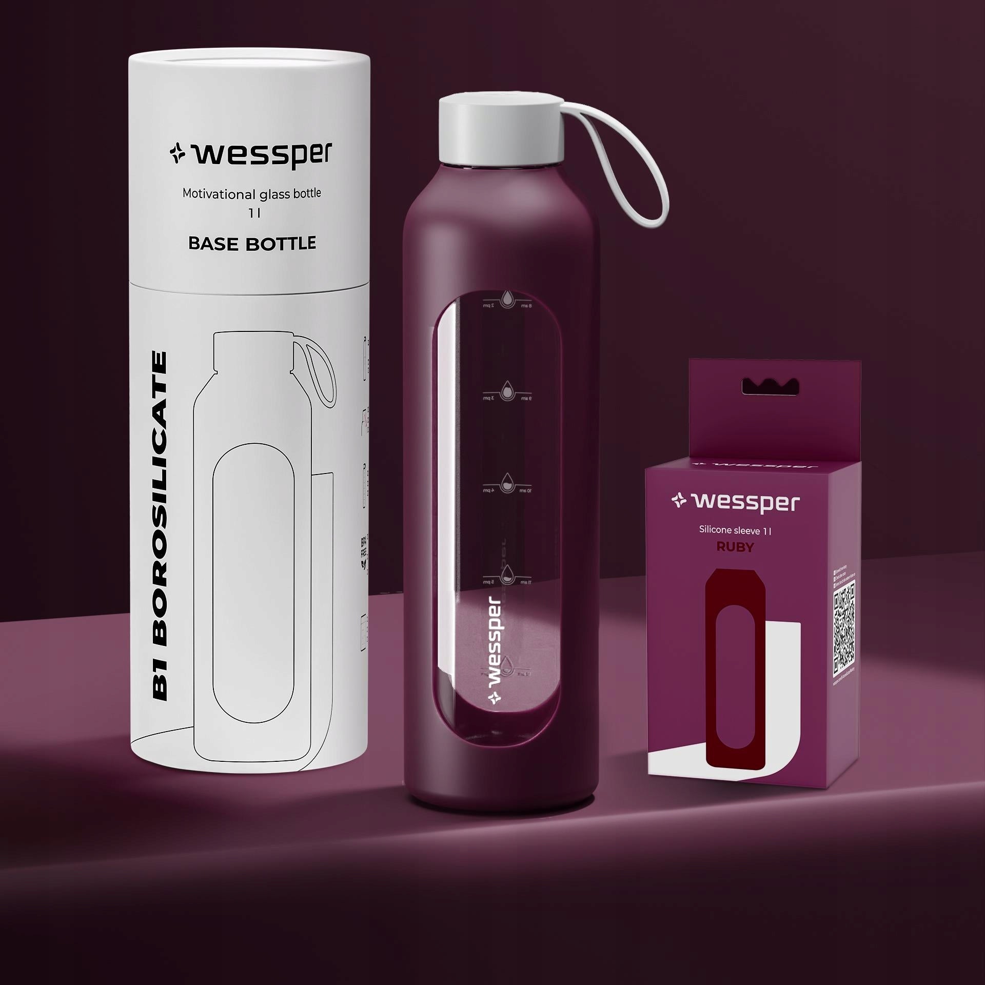 Glass water bottle 1l Wessper B1 BOROSILICATE Ruby Color red