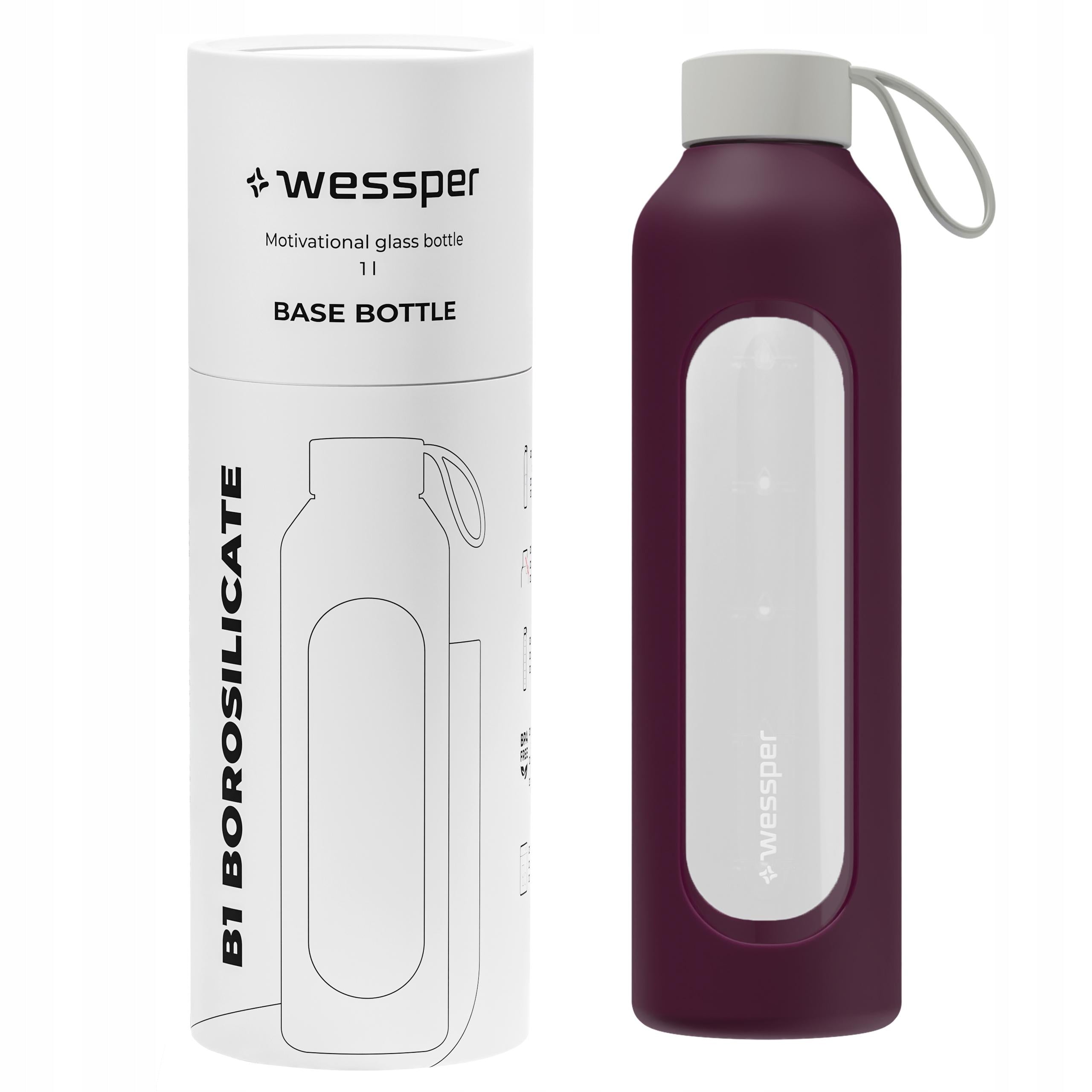 Glass water bottle 1l Wessper B1 BOROSILICATE Ruby