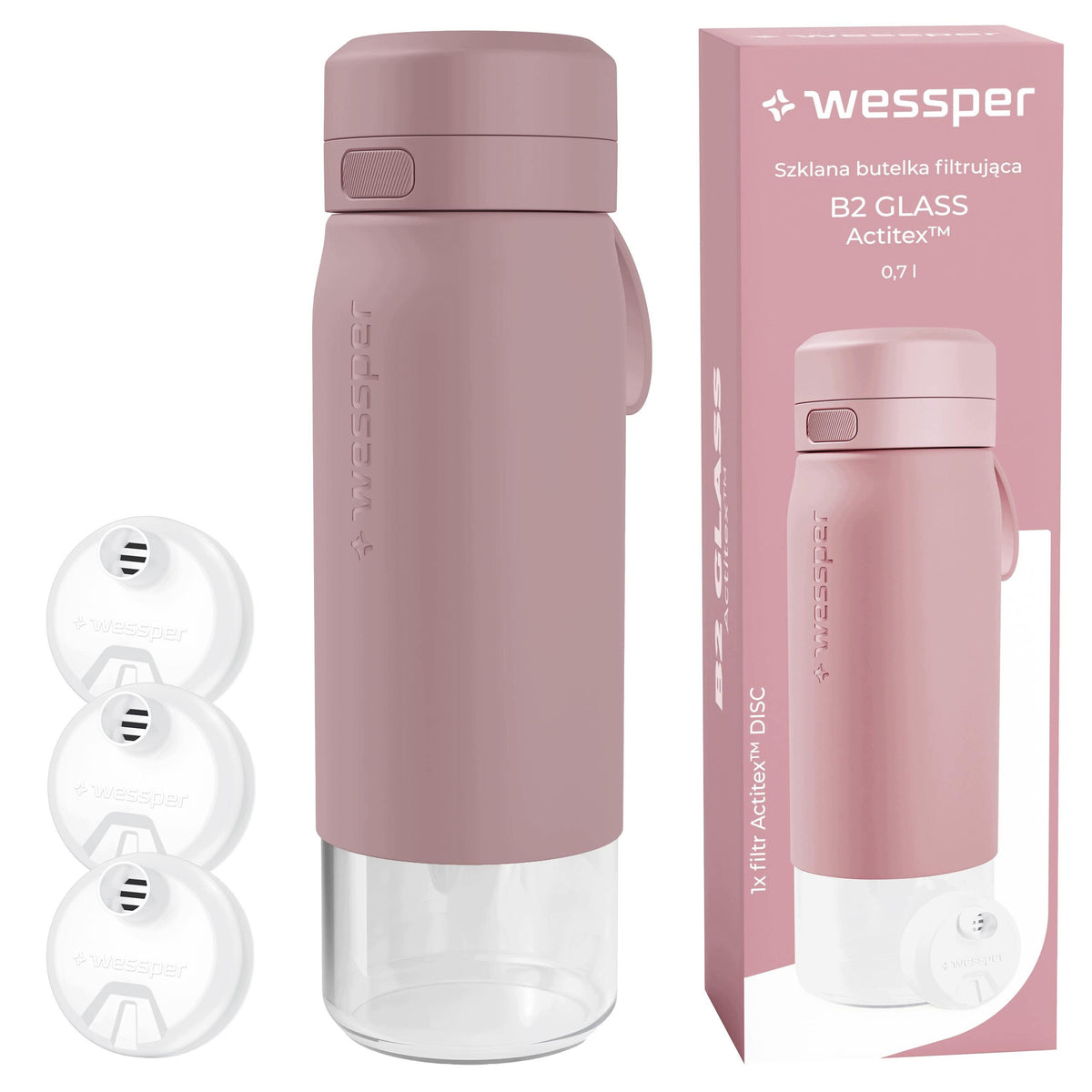 Glass water bottle filter bottle 700ml Wessper B2 Actitex +3x filter