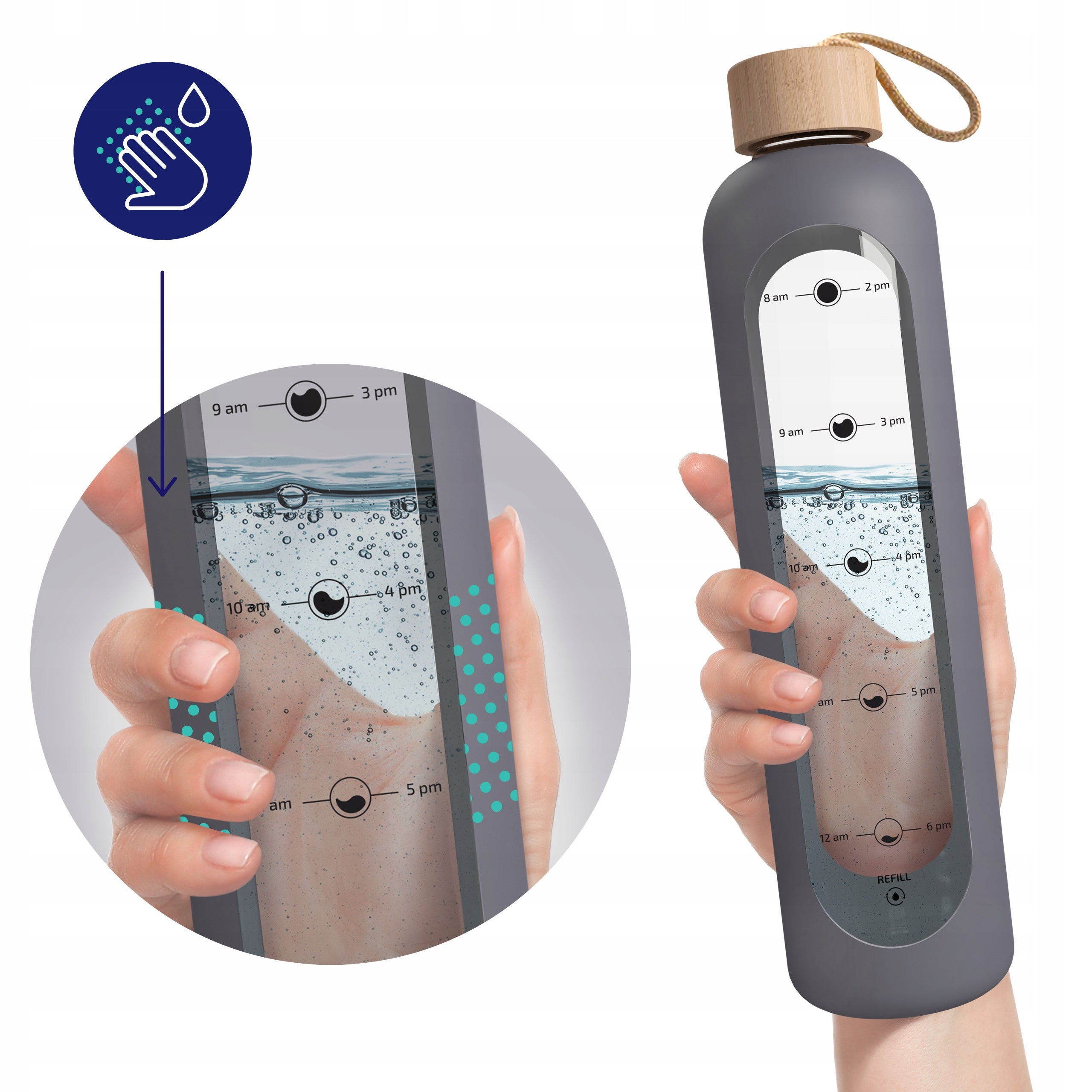 Glass water bottle motivational reusable sealed 1L AquaFloow Packaging status original
