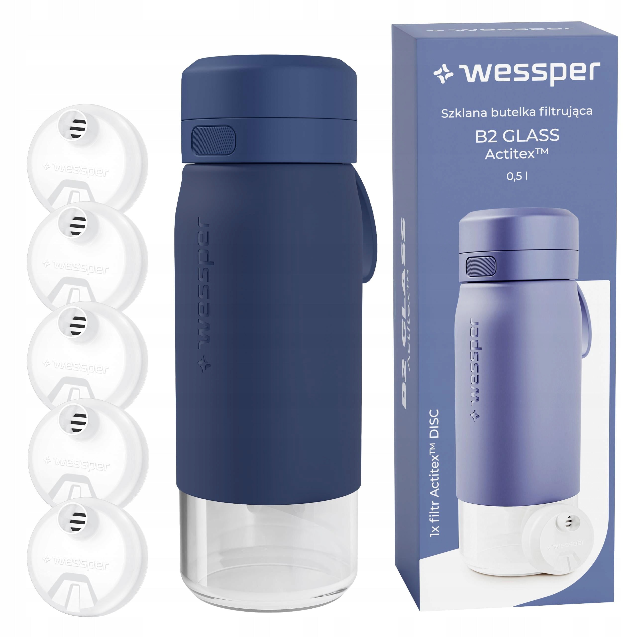 Glass water bottle with filter 500ml Wessper B2 Actitex + 5x filter
