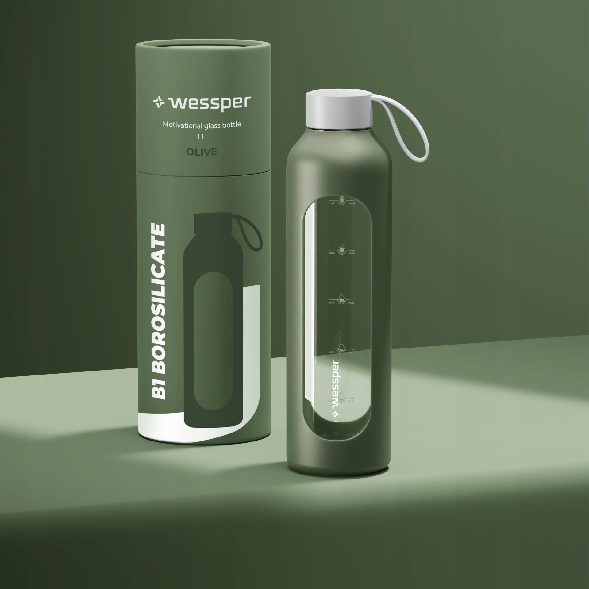 Glass water bottle with measuring cup 1L + silicone case Wessper B1 Color green