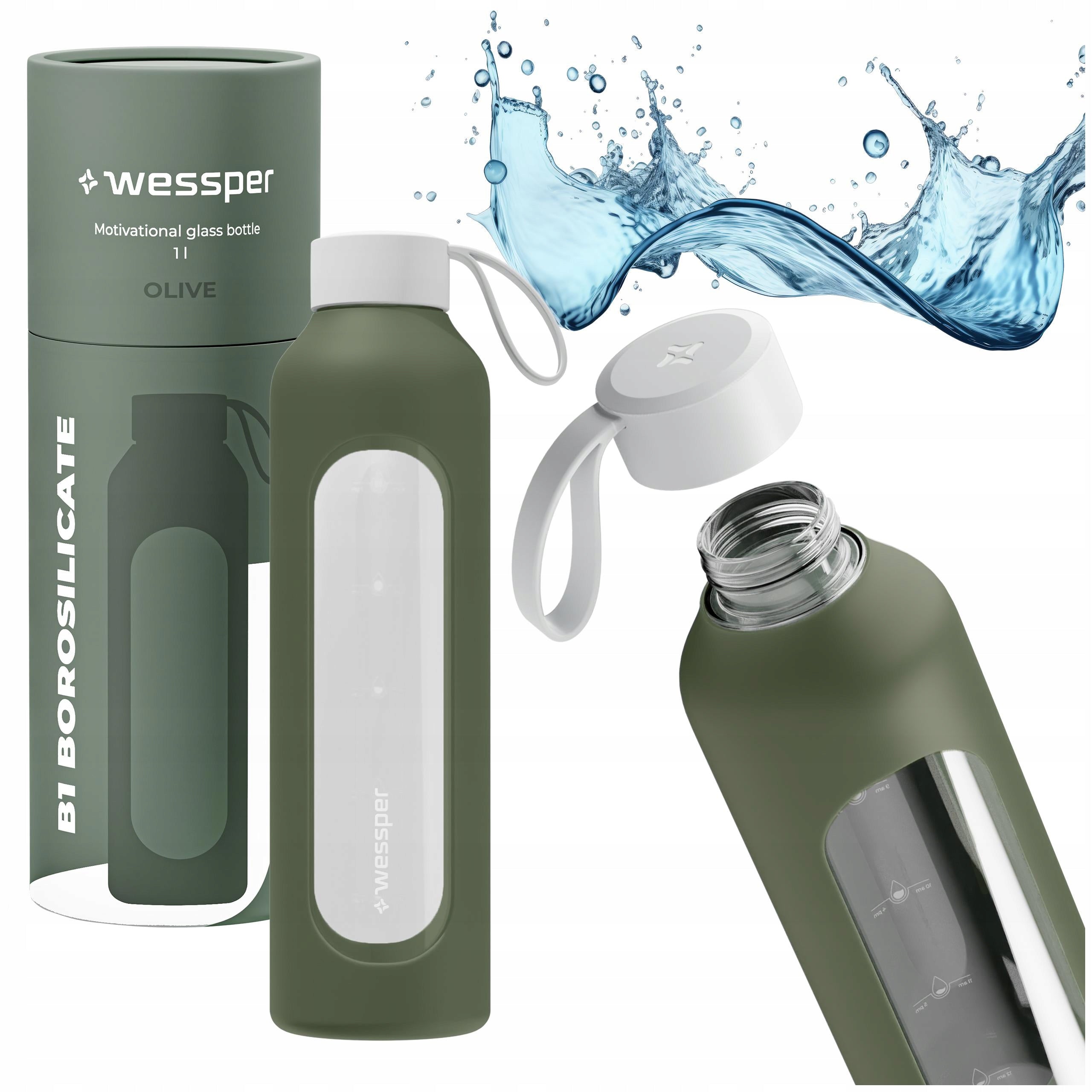 Glass water bottle with measuring cup 1L + silicone case Wessper B1