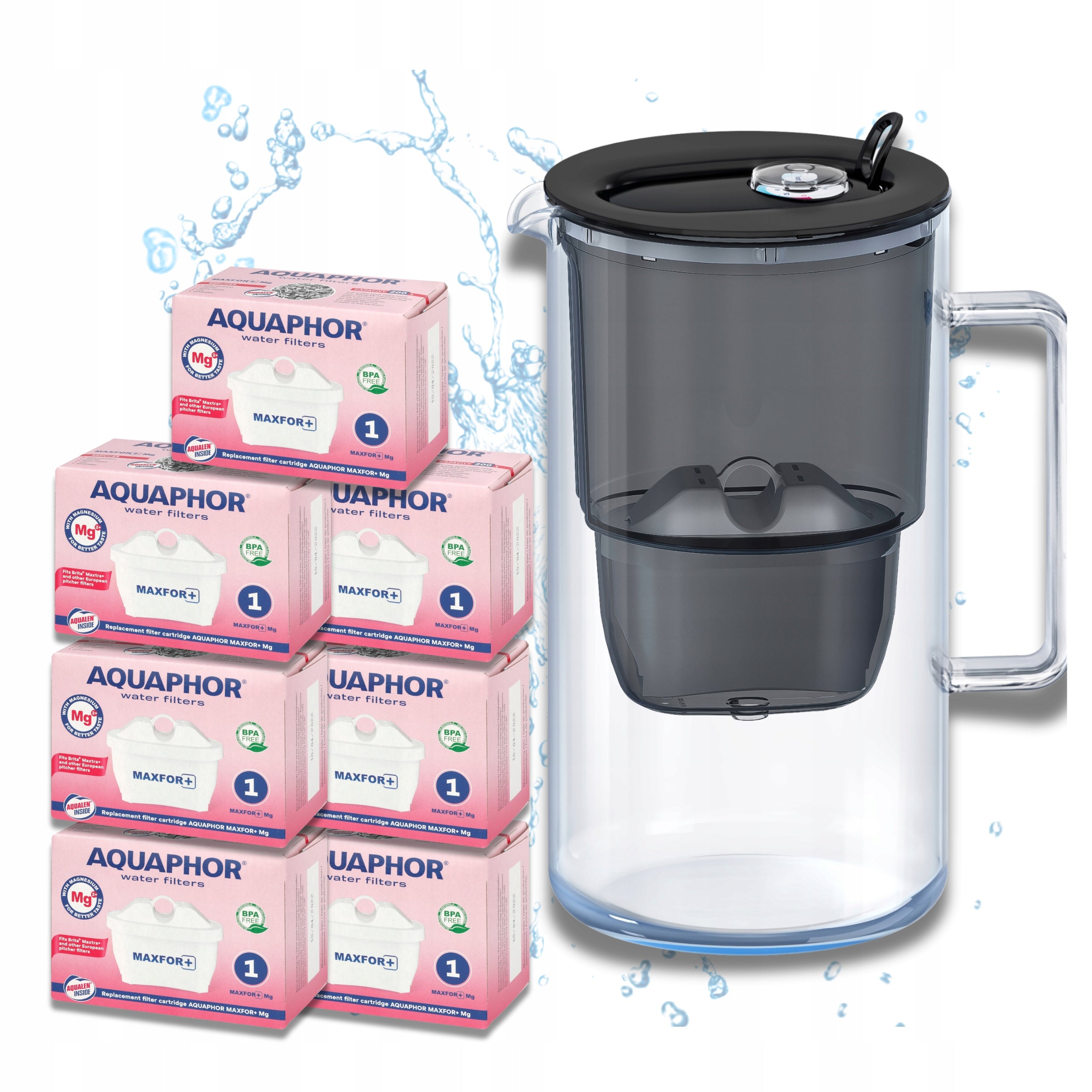 Glass water filter jug Aquaphor Glass black +7 filters Maxfor+ Mg