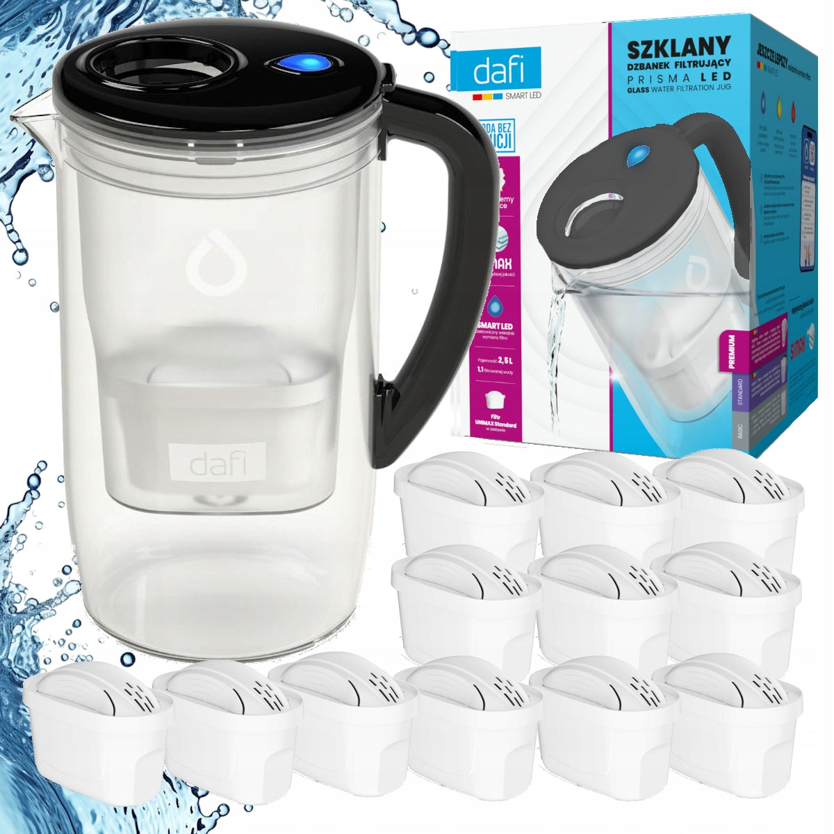 Glass water filter jug Dafi PRISMA LED black +12x Unimax cartridge