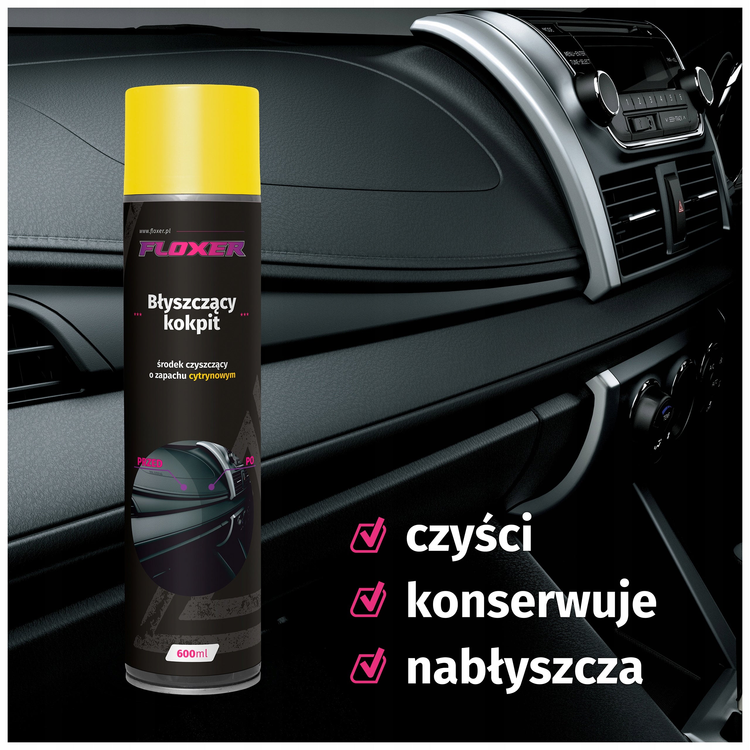 Glossy Cockpit FLOXER spray 600ml, cockpit cleaner lemon Manufacturer's catalog number spray srodek preparat do