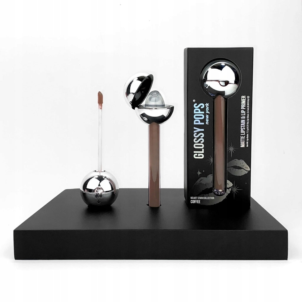 Flüssiger, matter Lippenstift und Lippenbasis, glänzender Samt-Satin-Kaffee 