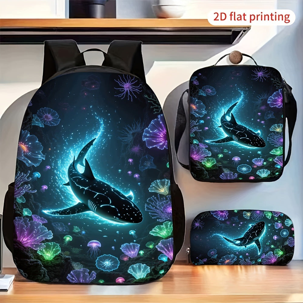 Glowing Shark Underwater Coral Flower Pattern 3-Piece 2D Flat Backpack Set