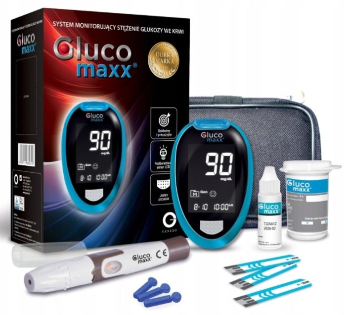 Glucose Meter Glucomaxx + Strips, Lancets, Puncturer Pouch Sugar Glucose Measurement