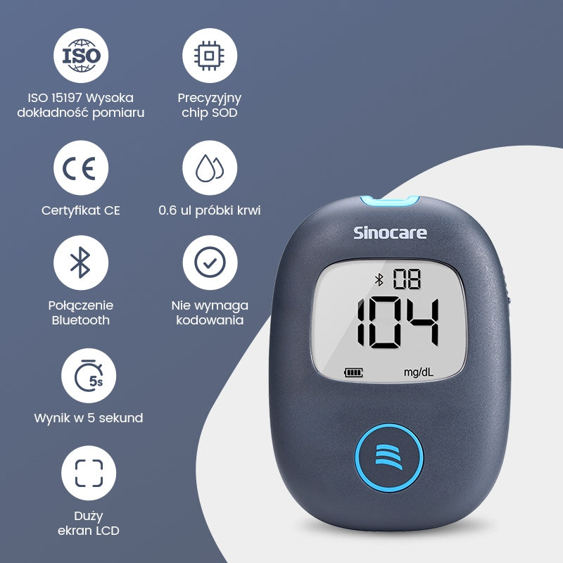 Glukometr Sinocare AQ Air w mg/dl z 100 paskami i 100 lancetami Bluetooth Packaging status original