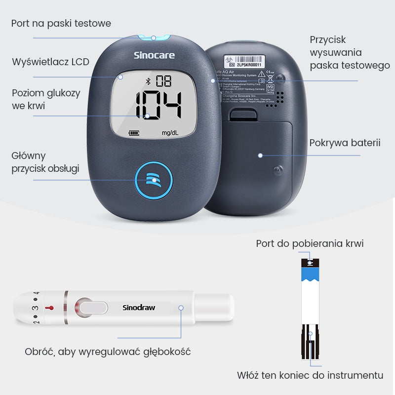 Glukometr Sinocare AQ Air w mg/dl z 25 paskami i 25 lancetami Bluetooth Medical device yes