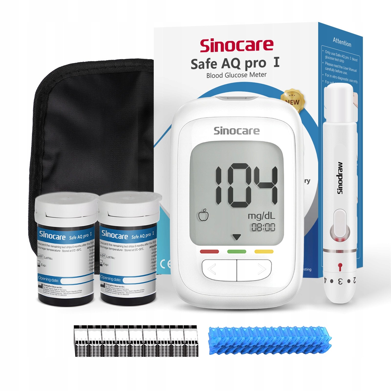 Glukometr Sinocare SAFE AQ PRO I w mg/dl z 100 paskami i 100 lancetami