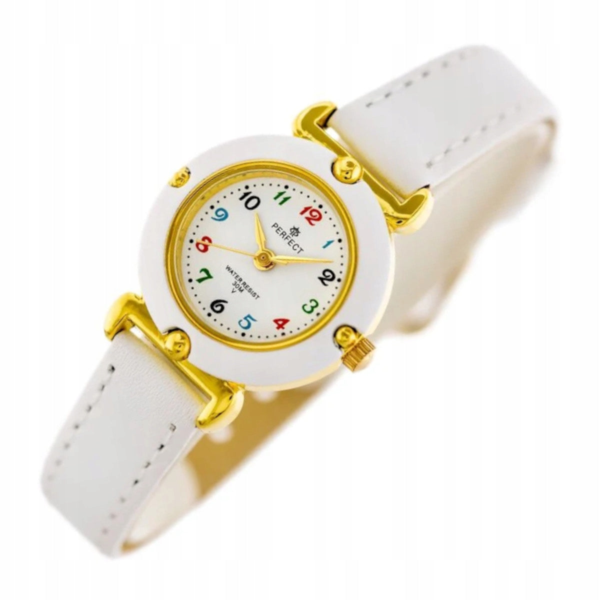 Gold children's watch with white strap PERFECT LP152-01 Brand Perfect