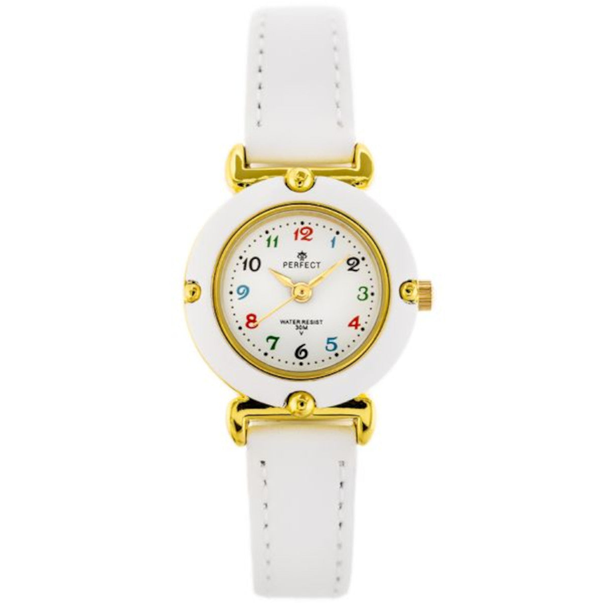 Gold children's watch with white strap PERFECT LP152-01