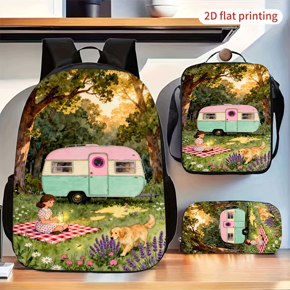 Golden Retriever Print 3-Piece Backpack Set with Crossbody Bag and Pencil Case