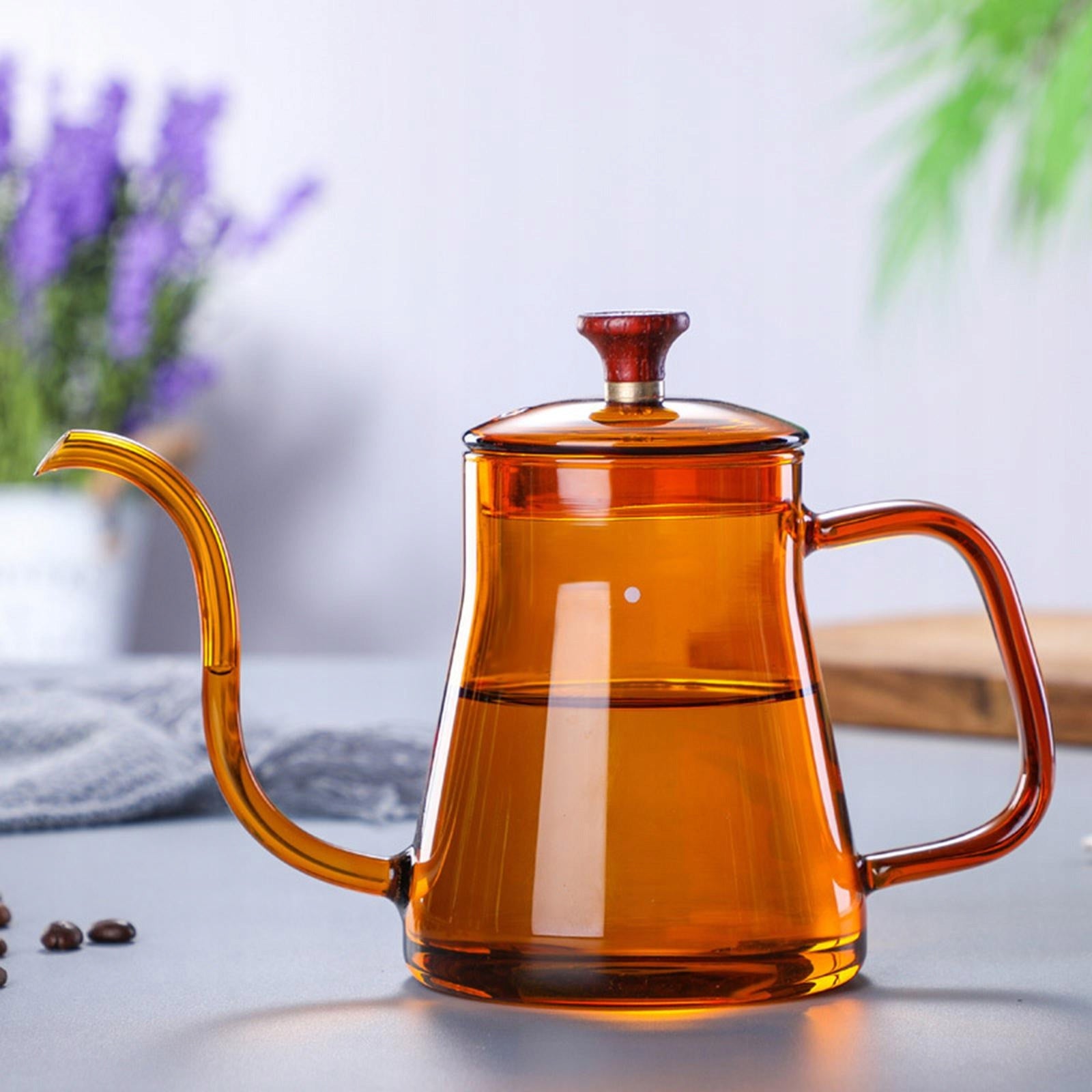 Gooseneck Glass Tea Pour Over Kettle Coffee Dripper with Lid amber 600ml