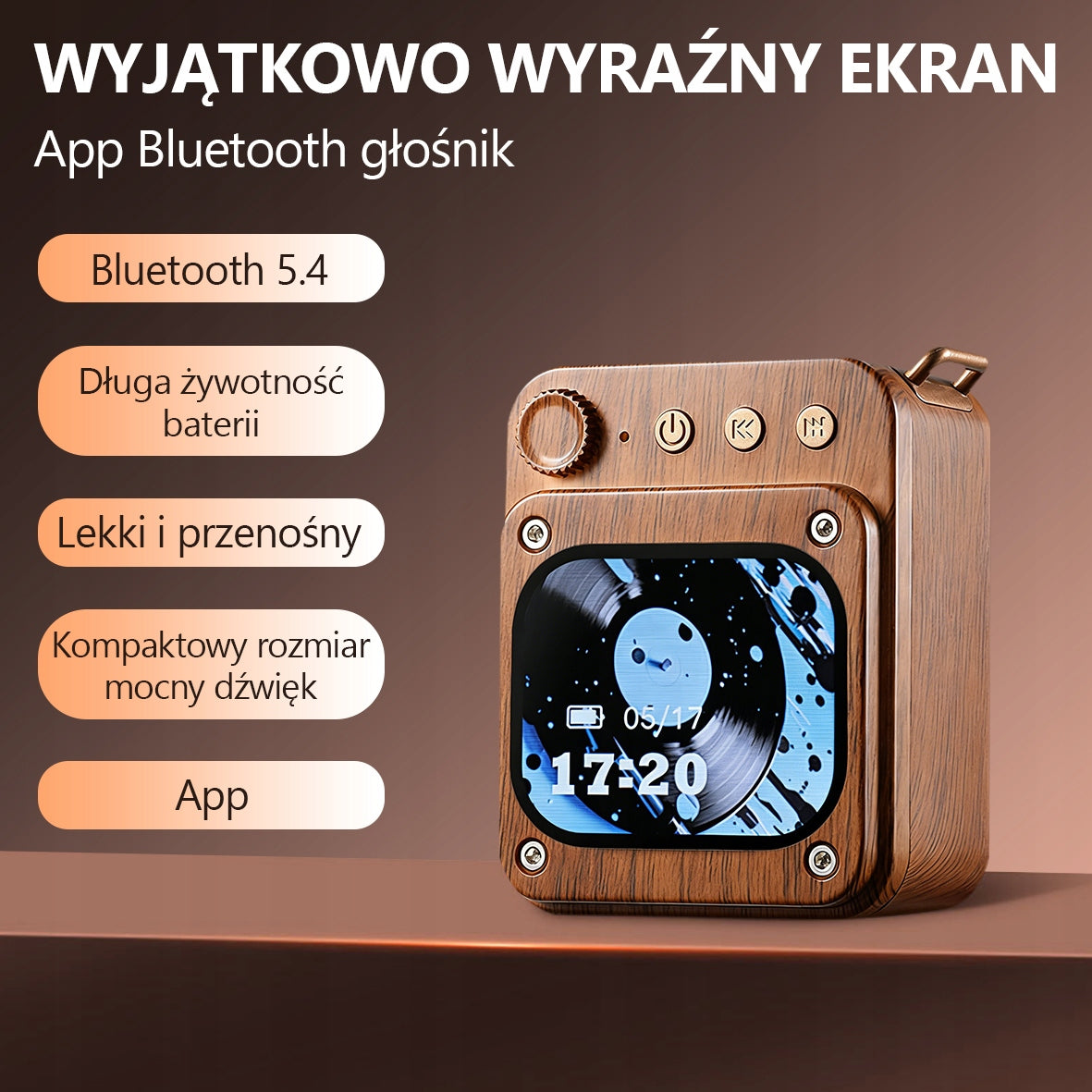 Głośnik Bluetooth 5.4 Retro Mini Drewniany z Kolorowym Ekranem Packaging status original