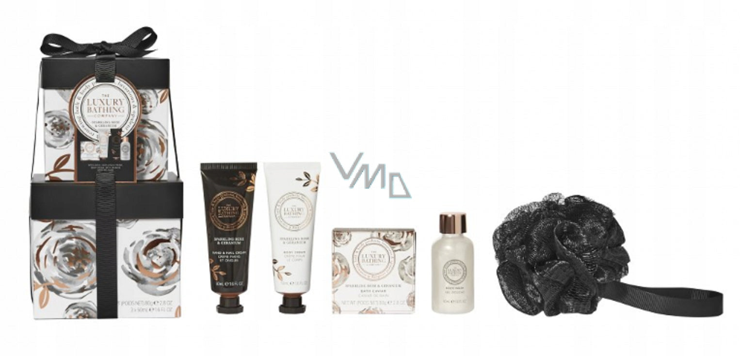 Set Grace Cole Rose &amp; Geranium: Duschgel, 50 ml + Körpercreme, 50 ml + Handcreme, 50 ml + Badesalz, 80 g + Schwamm 