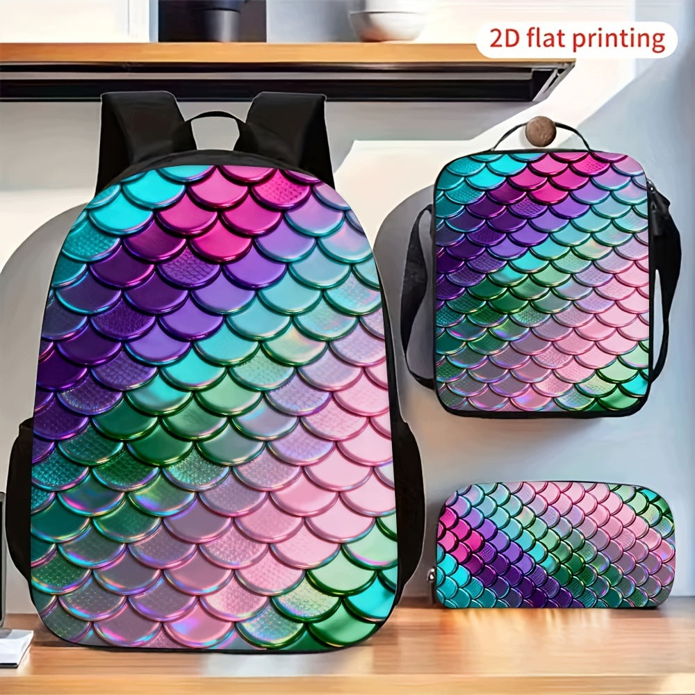 Gradient Mermaid Scales Pattern 3-Piece 2D Flat Backpack Set