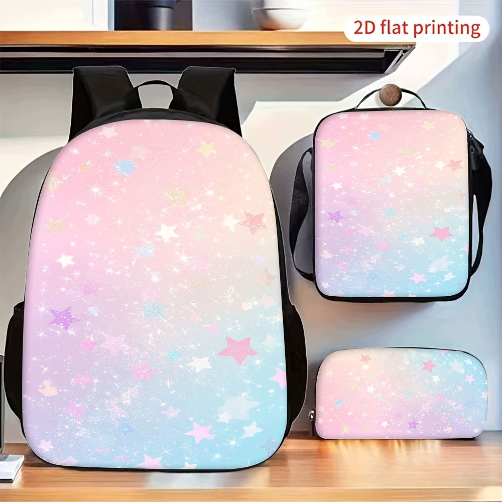 Gradient Pink Blue Star Print Backpack Set with Crossbody Bag and Stationery Pouch