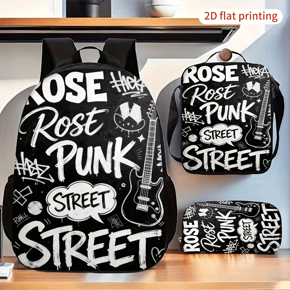 Graffiti Guitar Print 3-Piece Backpack Set with Lunch Bag and Pencil Case