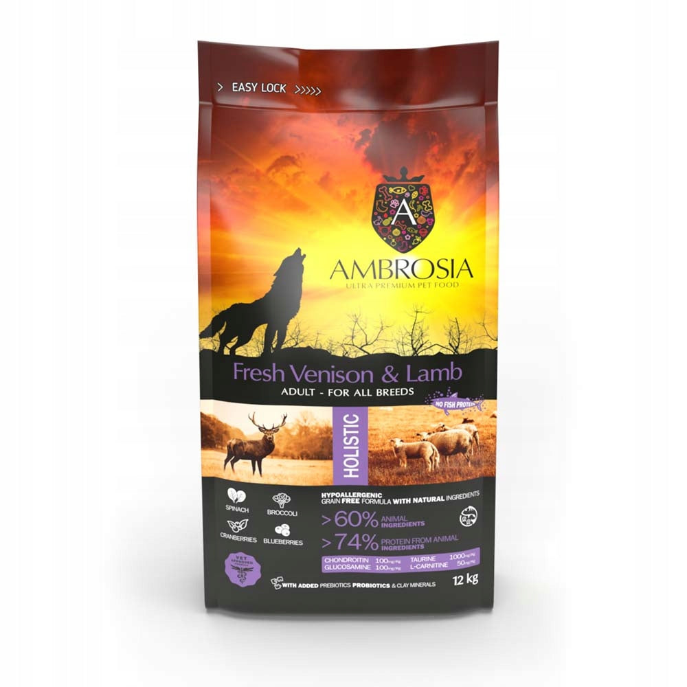 Grain-Free Dog Food venison with lamb 12kg AMBROSIA ADULT DOGS Brand Ambrosia