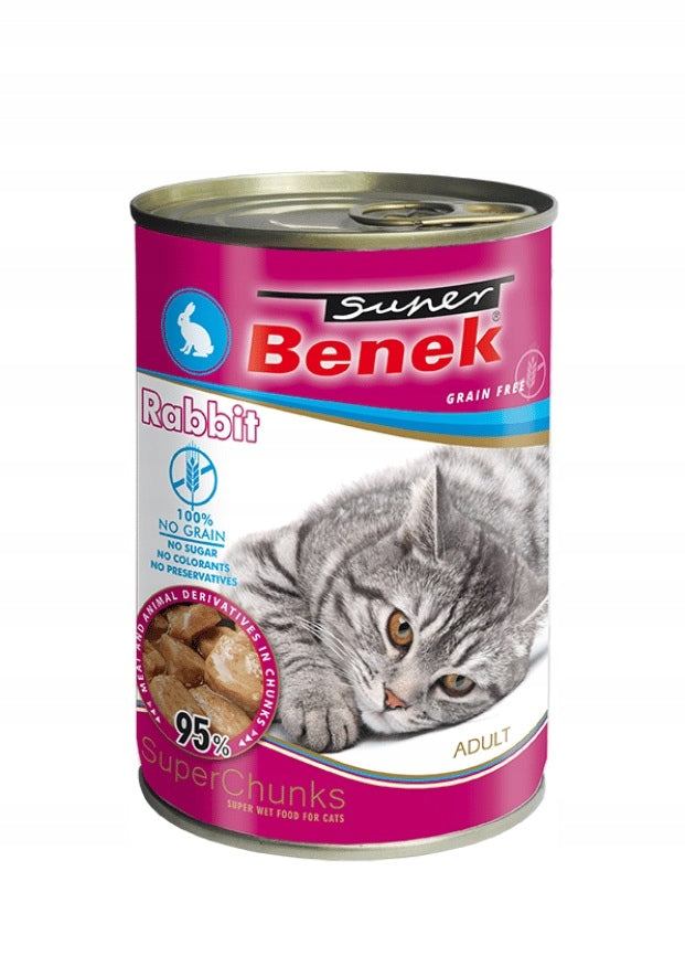 Grain Free Wet Food with Rabbit in Sauce 415g SUPER BENEK Cat Can Trade name Super Benek Chunks Bezzbożowa Mokra Karma Dla Kota Z Królikirm W Sosie 415g