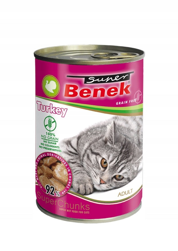 Grain Free Wet Food with Turkey in Sauce 415g SUPER BENEK Cat Can Trade name Super Benek Chunks Bezzbożowa Mokra Karma Dla Kota Z Indykiem W Sosie 415g