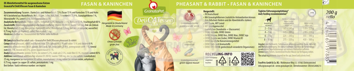 Granatapet DeliCatessen pheasant and rabbit 200 g grain-free cat tins EAN (GTIN) 4260165197885