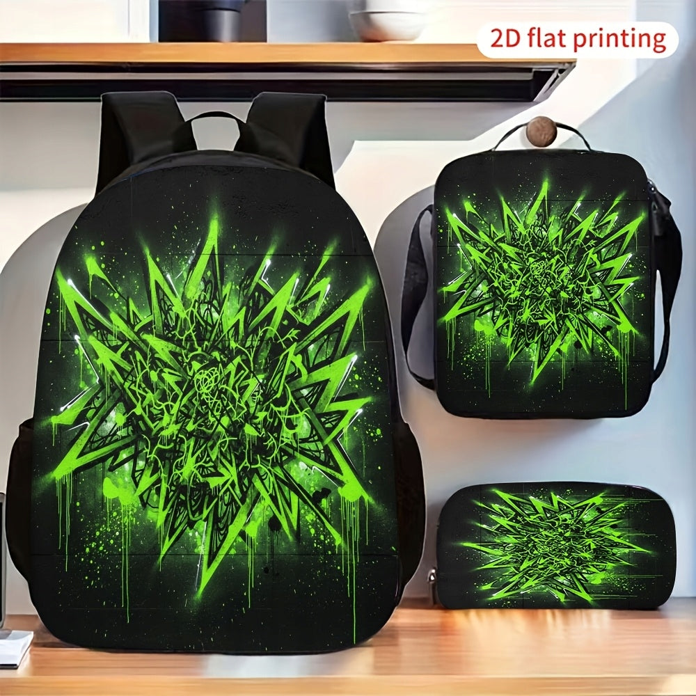 Green Abstract Graffiti Spiky Pattern Backpack Set with Crossbody Bag