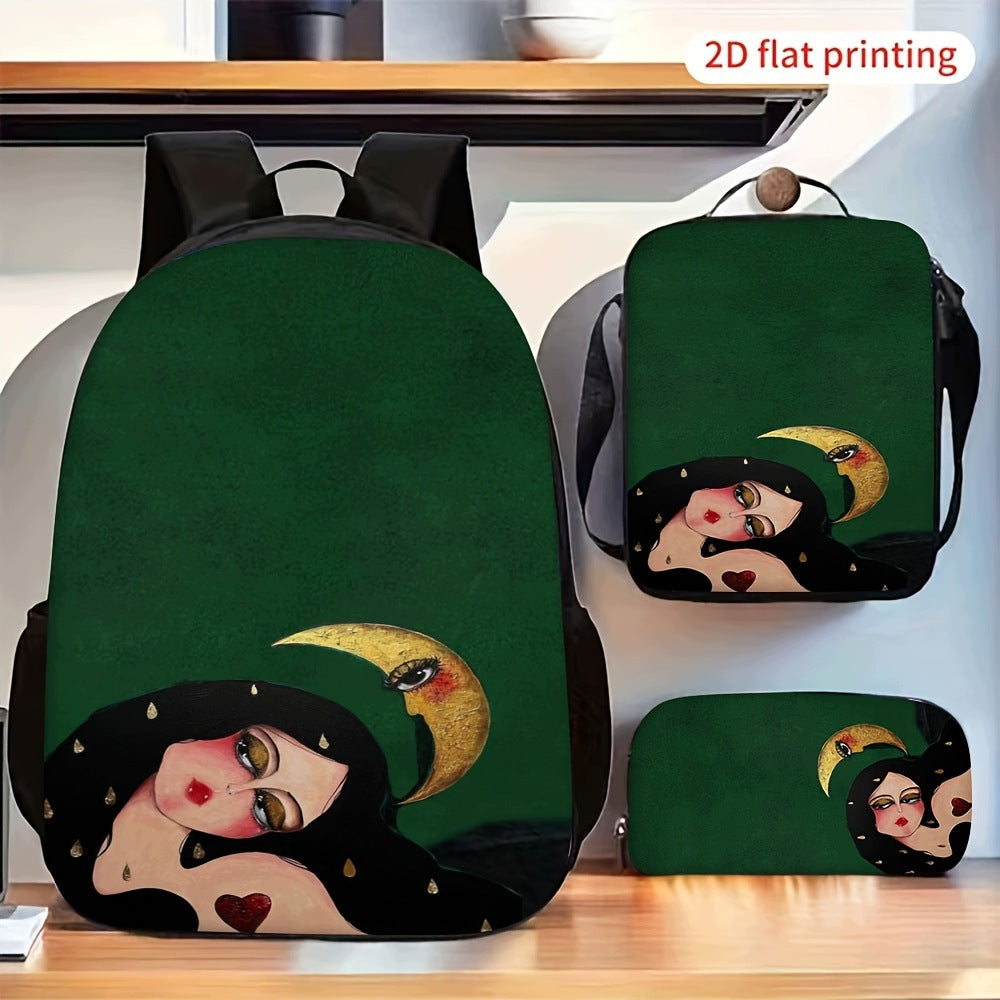 Green Background Art Girl 3-Piece Backpack Set with Crossbody Bag
