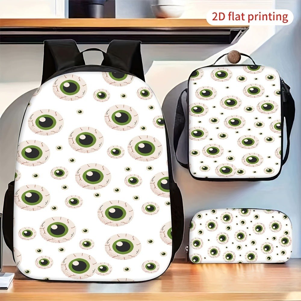 Green Eyeball Pattern Backpack Crossbody Bag Pencil Case Set