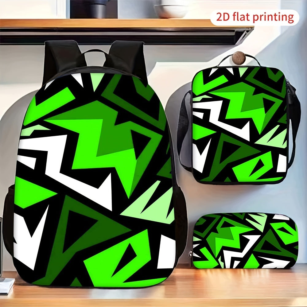 Green Geometric Abstract Backpack Crossbody Bag Pouch Set
