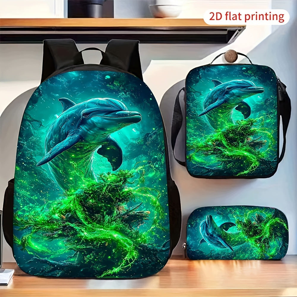Green Glowing Dolphin 3-Piece Backpack Set with 2D Flat Printing Matching Bags