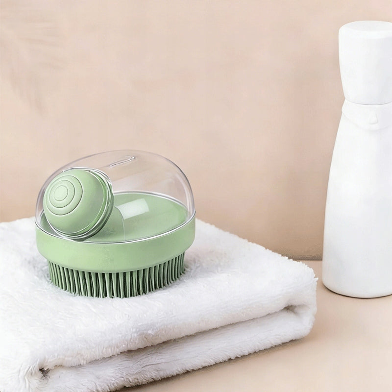 Green Pet Washing Brush with Shampoo Dispenser Packaging status original
