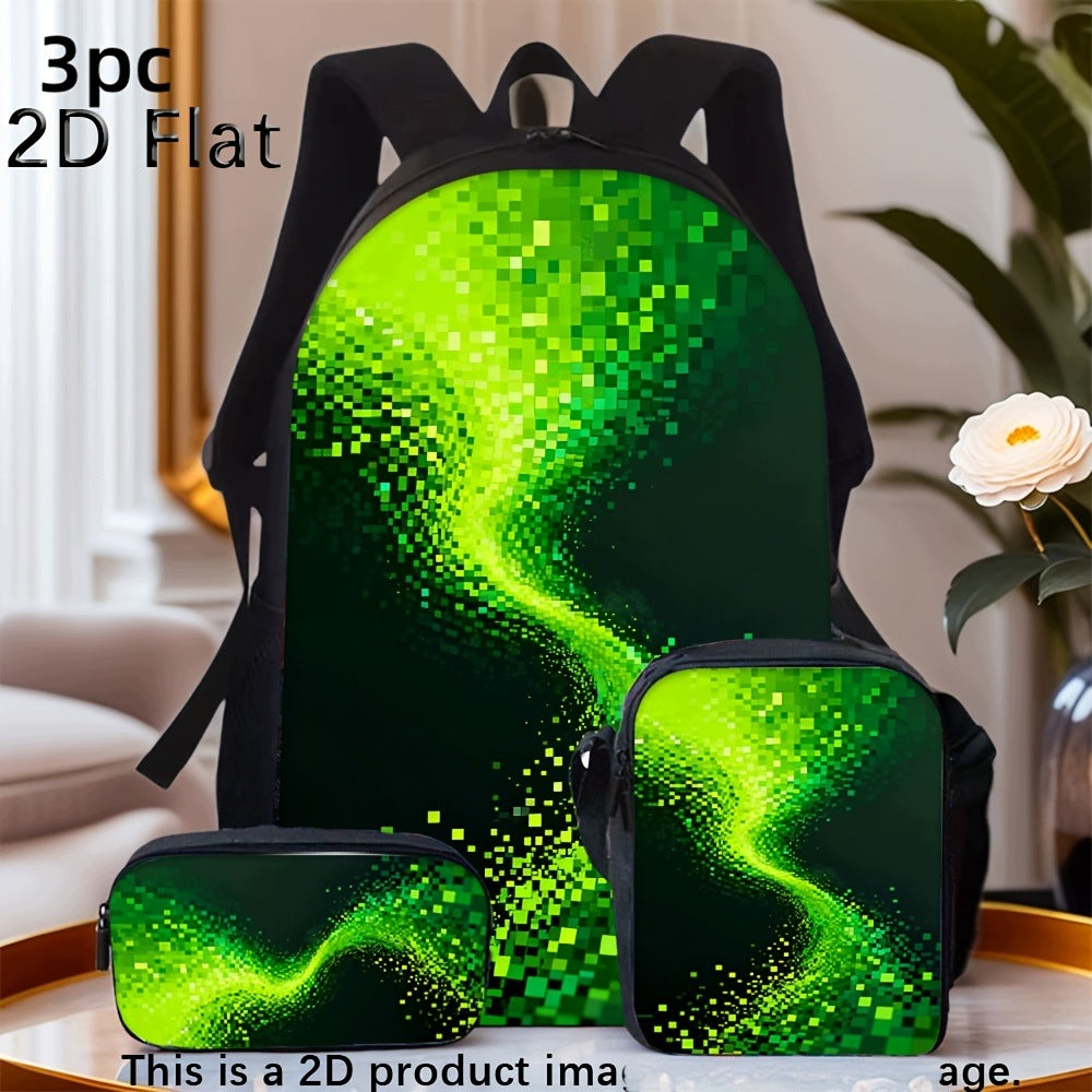 Green Pixel Wavy Abstract Pattern 3-Piece Backpack Set for Travel