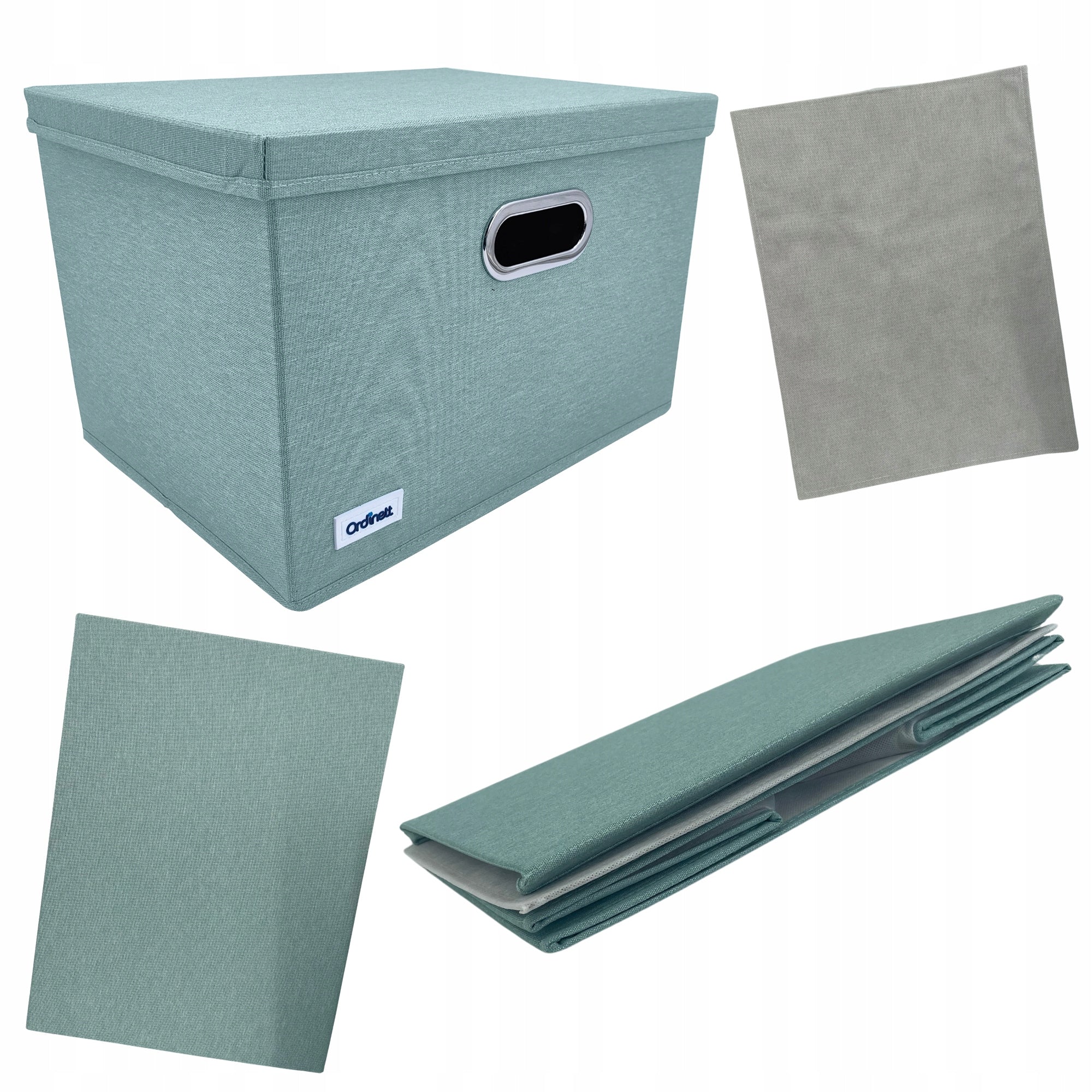 Green box, closet organizer with lid and window, sweaters, towels